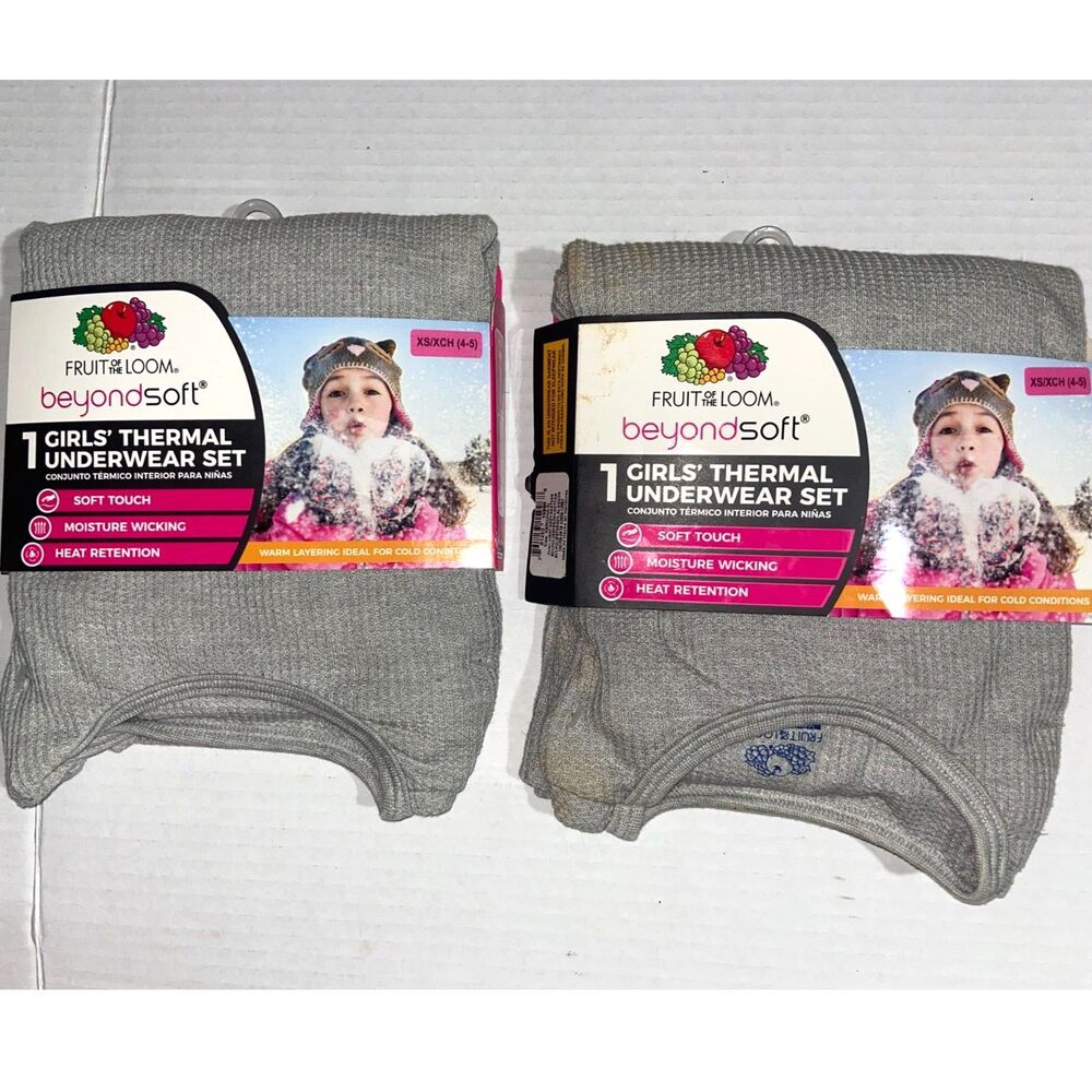 2 Fruit Of The Loom Girls Beyond Soft Heat Retention Thermal Underwear Set XS